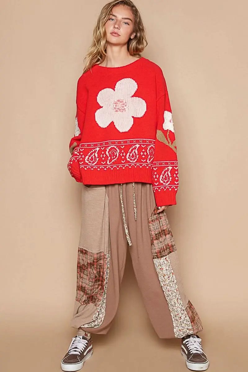 POL Flower Lace Patch Long Sleeve Sweater - Love Salve 