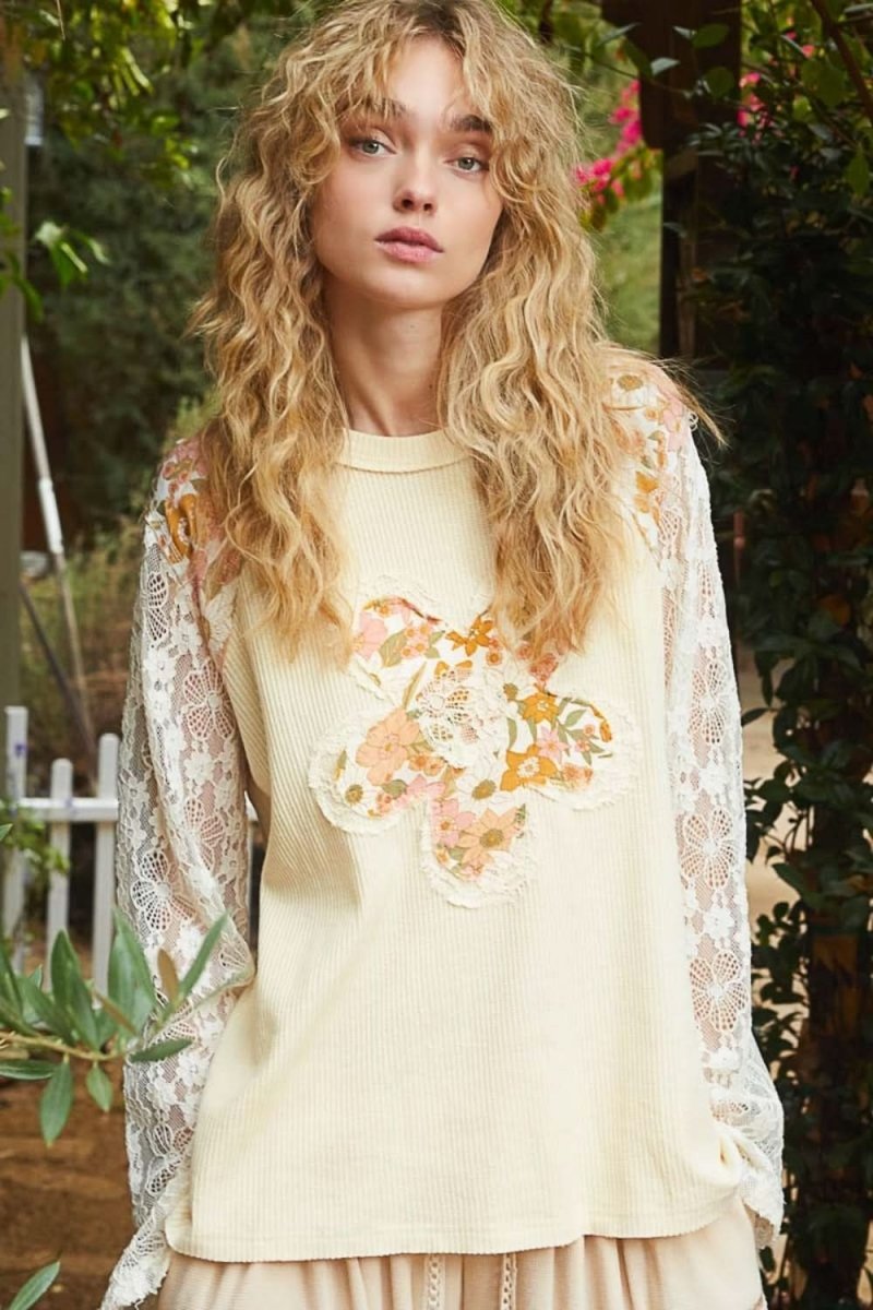 POL Flower Patch Lace Sleeve Knit Top - Love Salve 