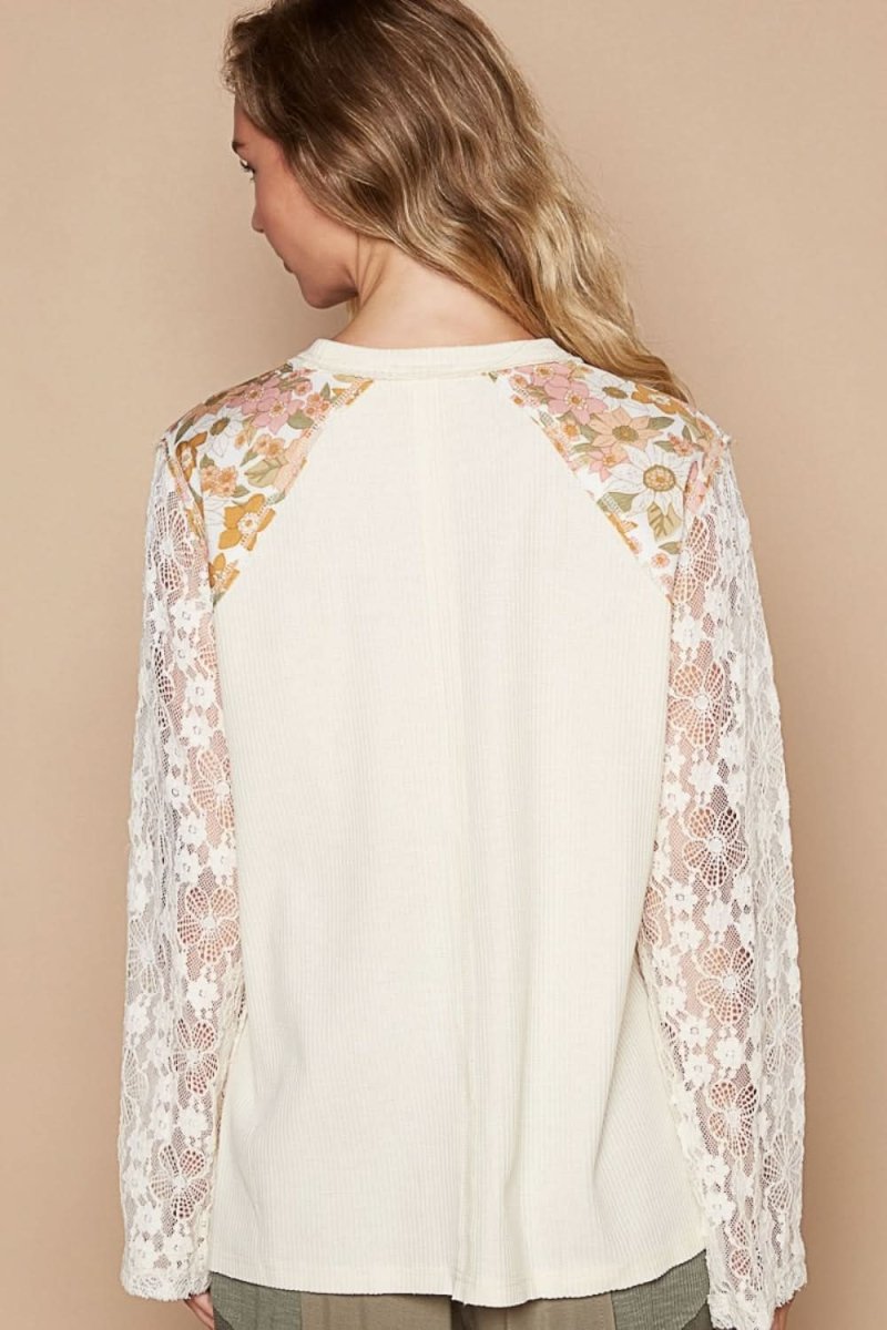 POL Flower Patch Lace Sleeve Knit Top - Love Salve 