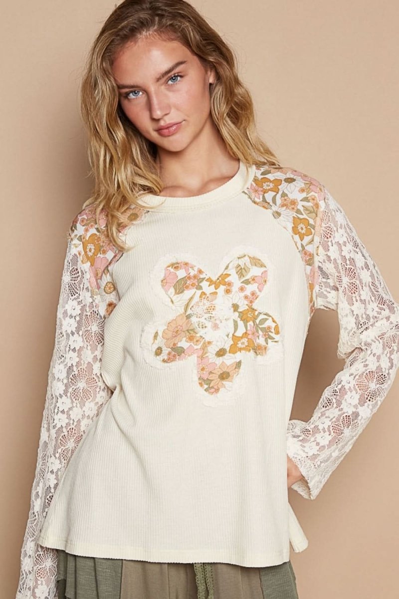 POL Flower Patch Lace Sleeve Knit Top - Love Salve 