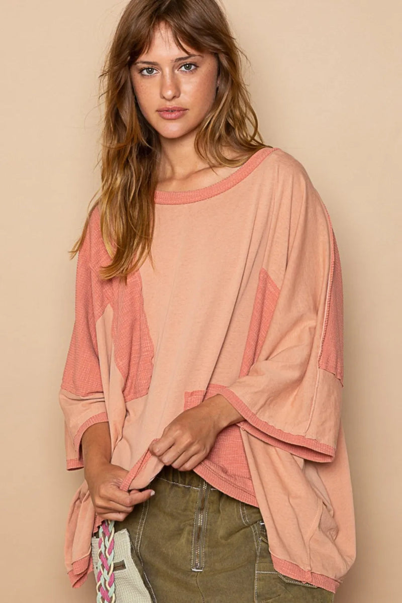POL Frayed Edge Patchwork Oversized T-Shirt for Women - Love Salve 