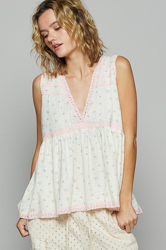 POL Lace Detail Floral V-Neck Sleeveless Top for Women - Love Salve 