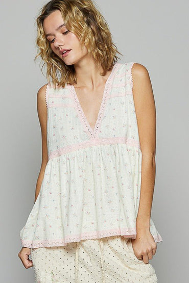 POL Lace Detail Floral V-Neck Sleeveless Top for Women - Love Salve 