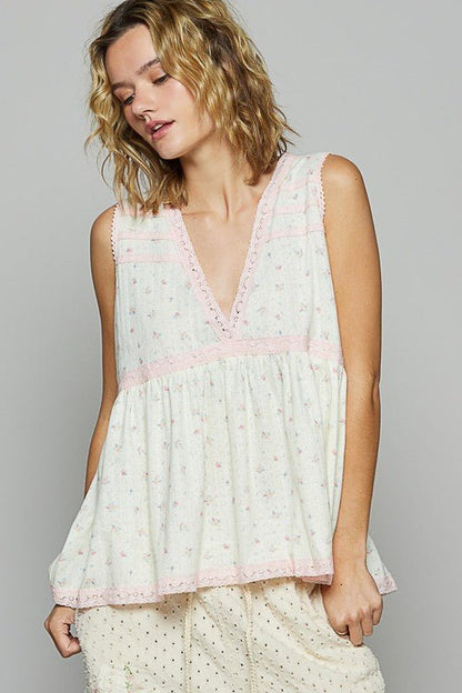 POL Lace Detail Floral V-Neck Sleeveless Top for Women - Love Salve 