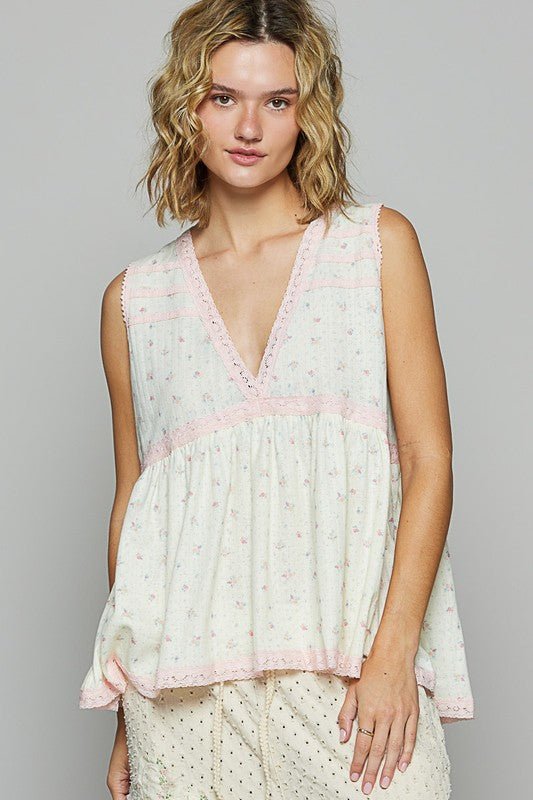 POL Lace Detail Floral V-Neck Sleeveless Top for Women - Love Salve 