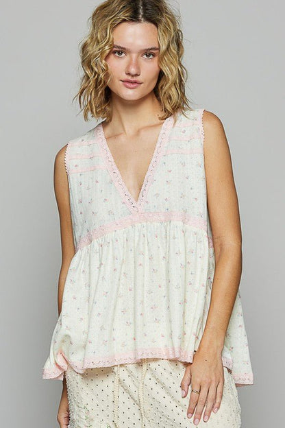 POL Lace Detail Floral V-Neck Sleeveless Top for Women - Love Salve 