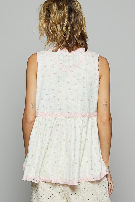 POL Lace Detail Floral V-Neck Sleeveless Top for Women - Love Salve 