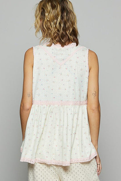 POL Lace Detail Floral V-Neck Sleeveless Top for Women - Love Salve 
