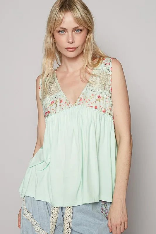 POL Lace Detail Frill Floral V-Neck Sleeveless Top for Women - Love Salve 