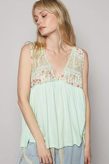 POL Lace Detail Frill Floral V-Neck Sleeveless Top for Women - Love Salve 