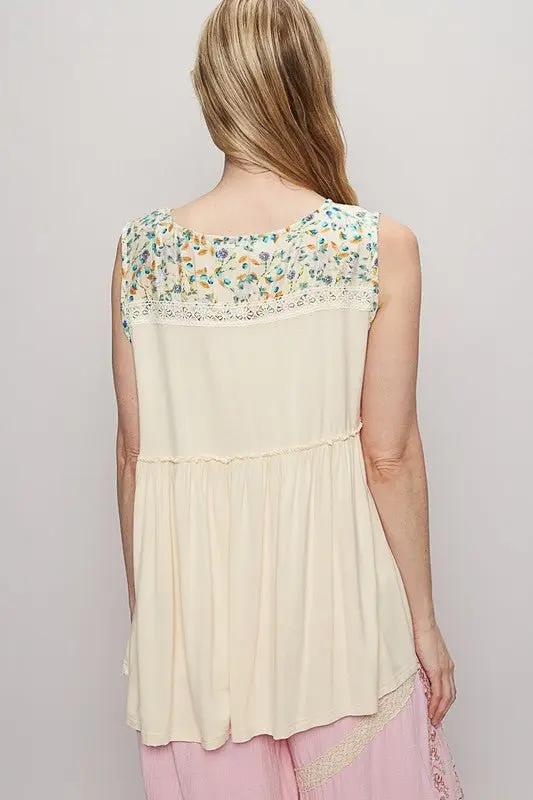 POL Lace Detail Frill Floral V-Neck Sleeveless Top Women - Love Salve 