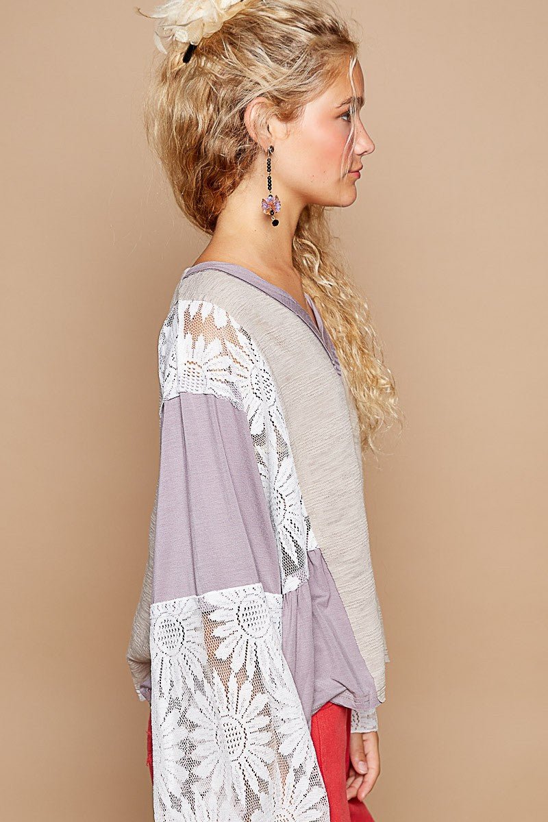 POL Lace Detail V-Neck Flare Sleeve Blouse for Women - Love Salve 