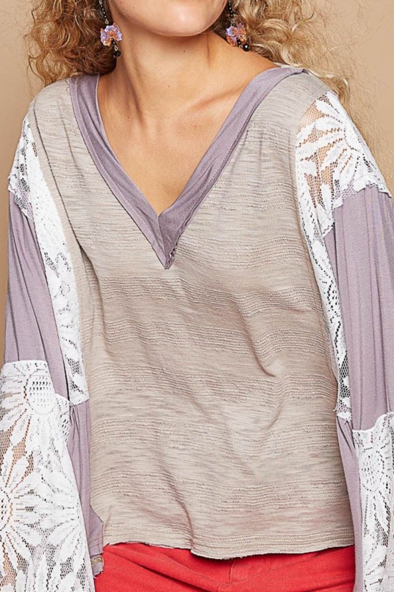 POL Lace Detail V-Neck Flare Sleeve Blouse for Women - Love Salve 