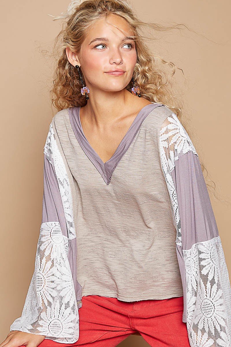 POL Lace Detail V-Neck Flare Sleeve Blouse for Women - Love Salve 