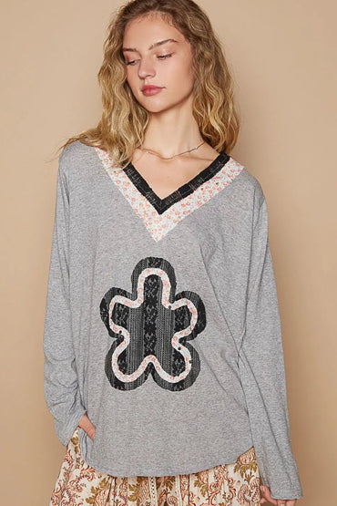 POL Lace Flower Patch Long Sleeve T-Shirt - Love Salve