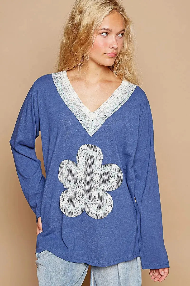 POL Lace Flower Patch Long Sleeve T-Shirt - Love Salve
