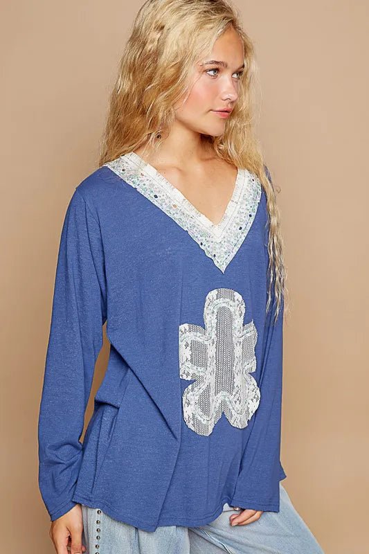 POL Lace Flower Patch Long Sleeve T-Shirt - Love Salve