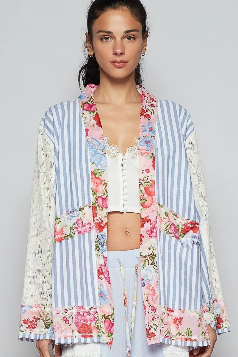 POL Lace Long Sleeve Striped Cardigan with Floral Patchwork Detail - Love Salve