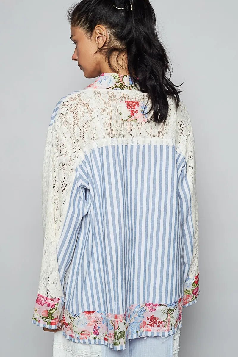 POL Lace Long Sleeve Striped Cardigan with Floral Patchwork Detail - Love Salve