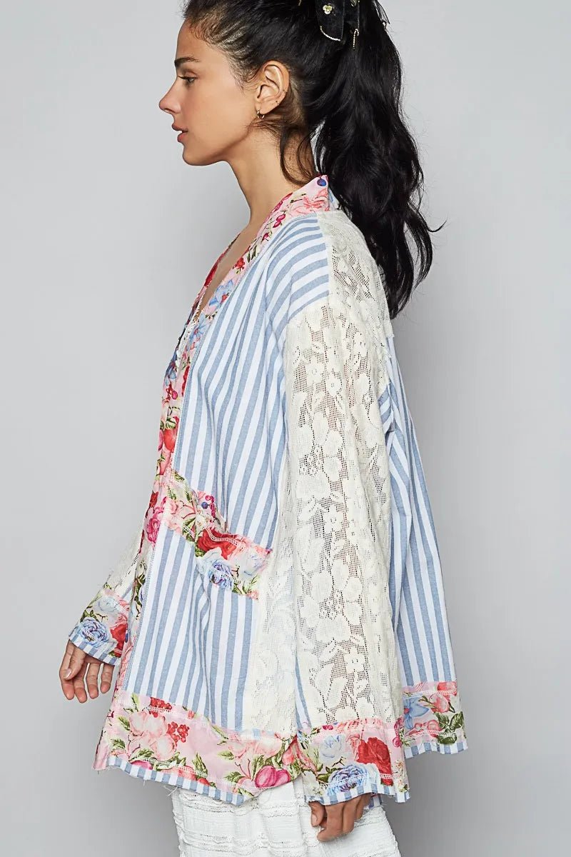 POL Lace Long Sleeve Striped Cardigan with Floral Patchwork Detail - Love Salve
