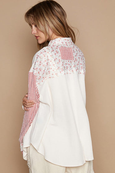 POL Long Sleeve Embroidered Print Patch Pocket Shirt for Women - Love Salve 
