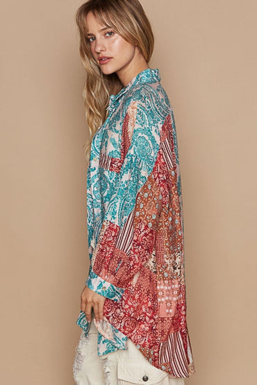 POL Long Sleeve Printed Button Down Shirt for Women - Love Salve 