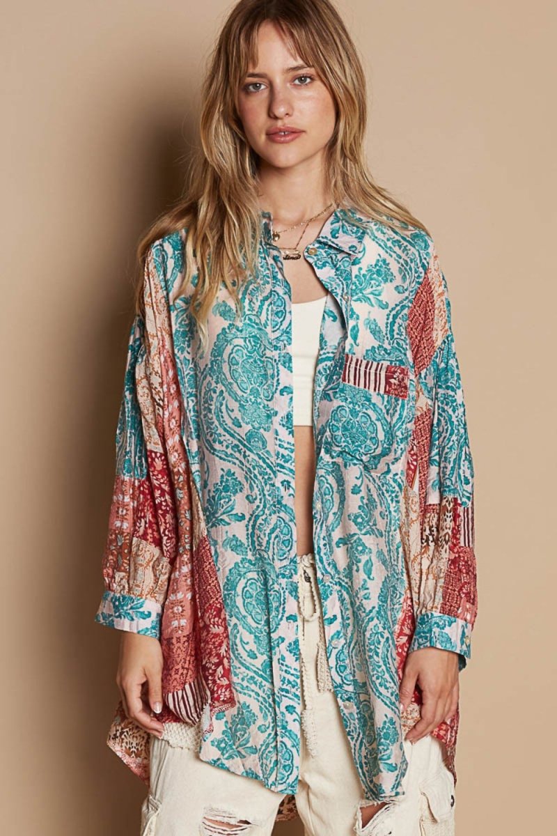 POL Long Sleeve Printed Button Down Shirt for Women - Love Salve 