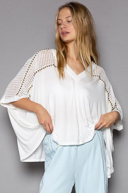 POL Oversize V-Neck Crochet Lace Contrast Studded Top - Love Salve 
