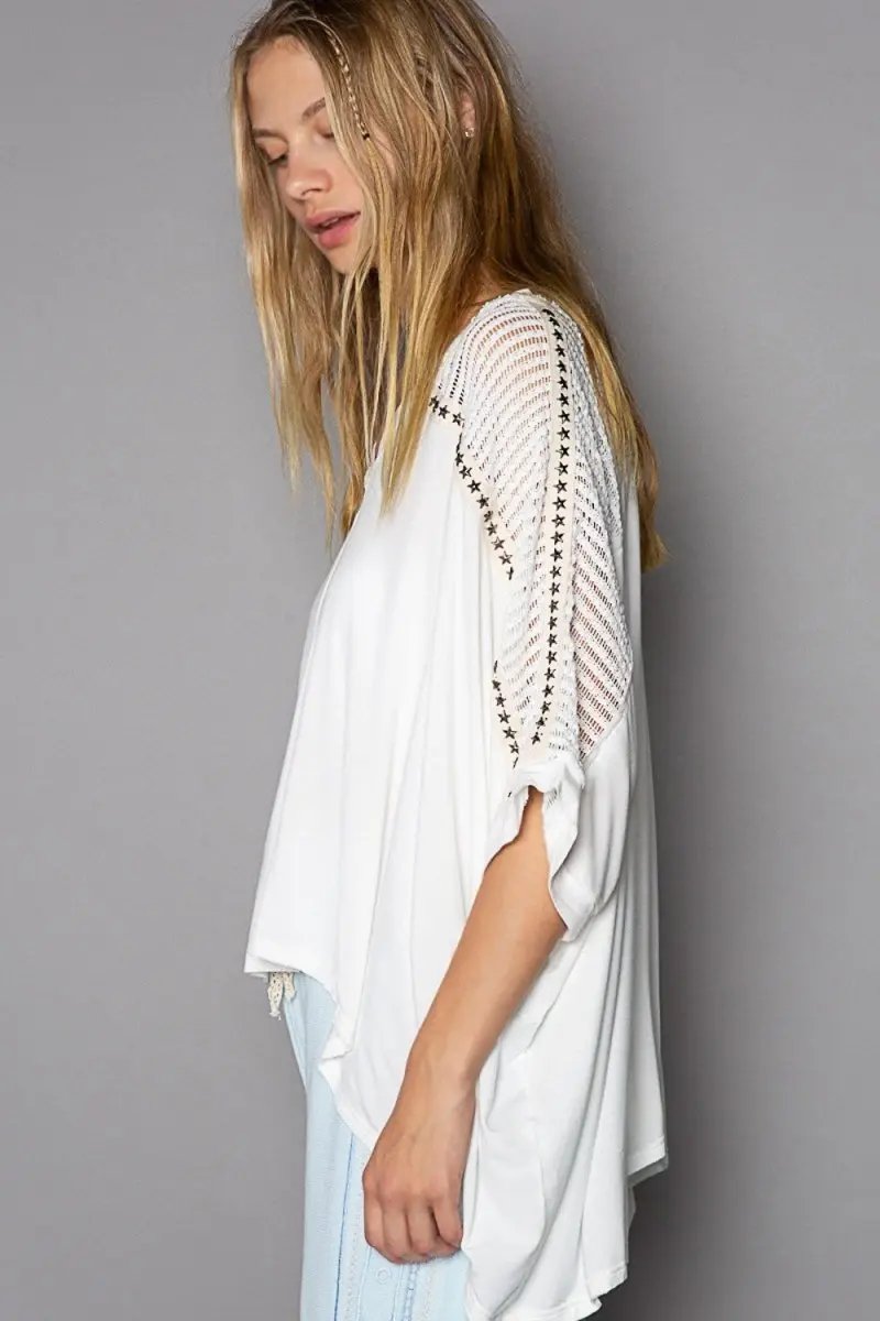 POL Oversize V-Neck Crochet Lace Contrast Studded Top - Love Salve 