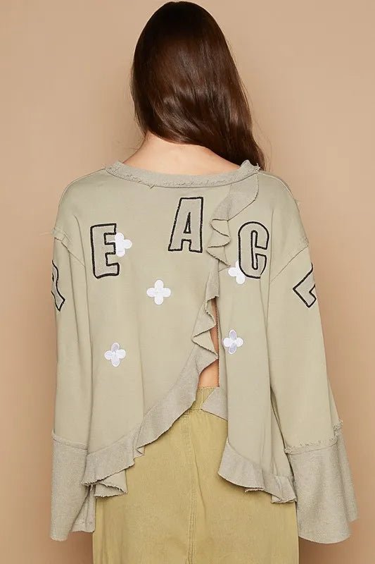 POL Peace Embroidered Exposed Seam Back Ruffle V-Neck Top - Love Salve 