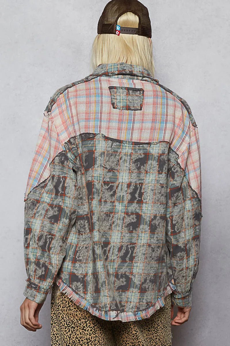 POL Plaid Patchwork Long Sleeve Shirt with Raw Edge Detail - Love Salve