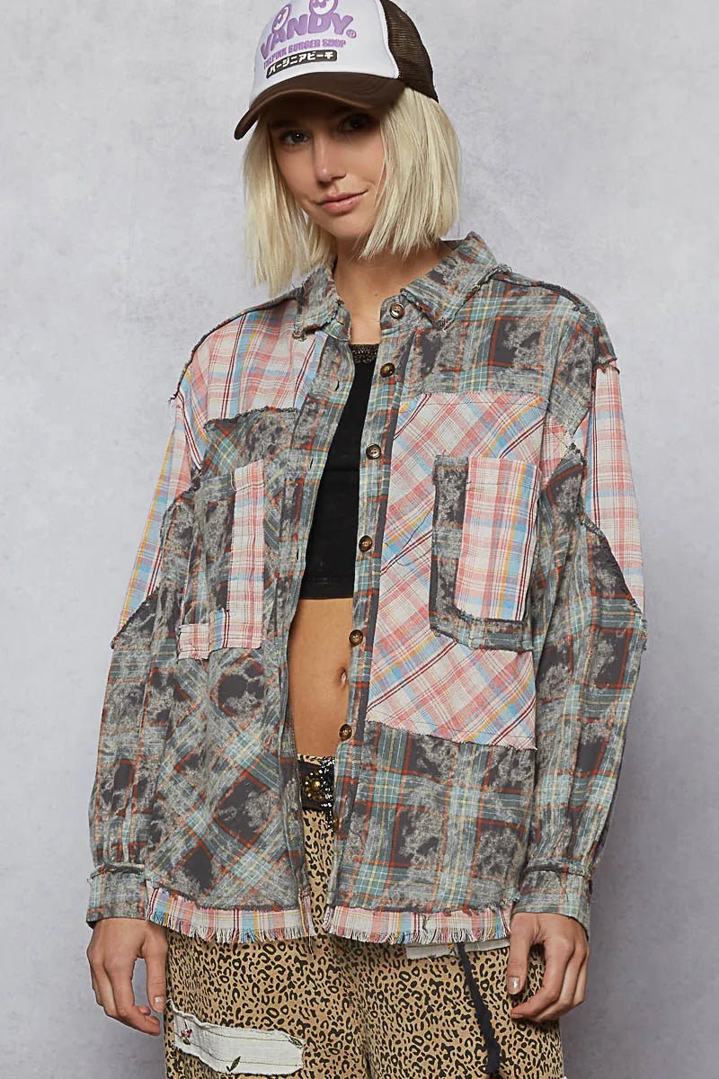 POL Plaid Patchwork Long Sleeve Shirt with Raw Edge Detail - Love Salve