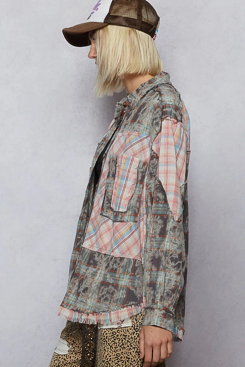 POL Plaid Patchwork Long Sleeve Shirt with Raw Edge Detail - Love Salve