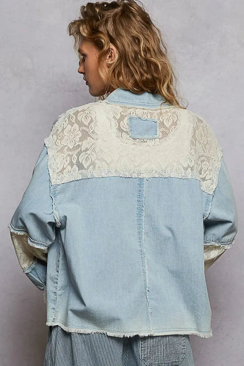 POL Printed Woven Mix Raw Hem Jacket with Lace Detail - Love Salve