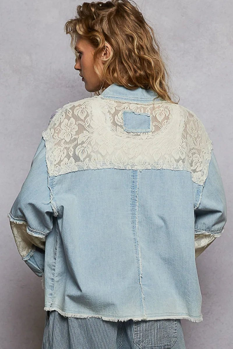 POL Printed Woven Mix Raw Hem Jacket with Lace Detail - Love Salve