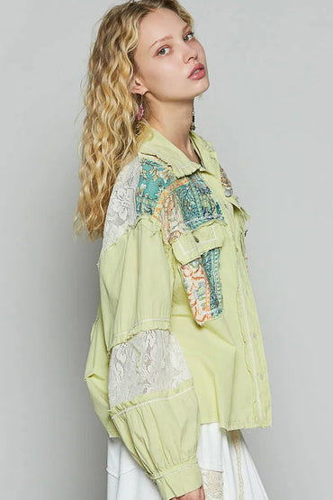 POL Printed Woven Mix Raw Hem Jacket with Lace Detail - Love Salve
