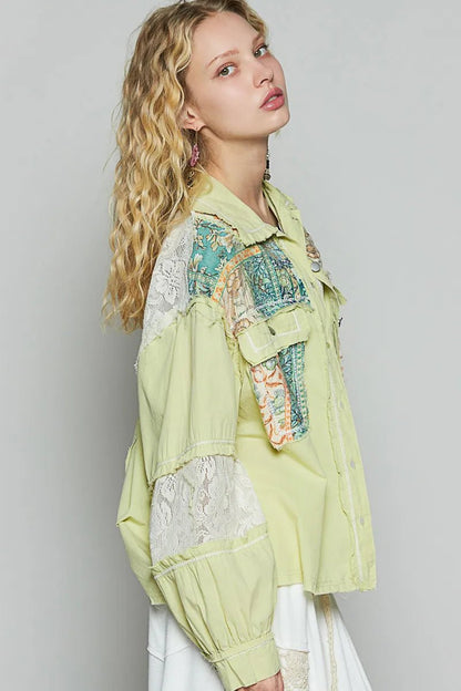 POL Printed Woven Mix Raw Hem Jacket with Lace Detail - Love Salve