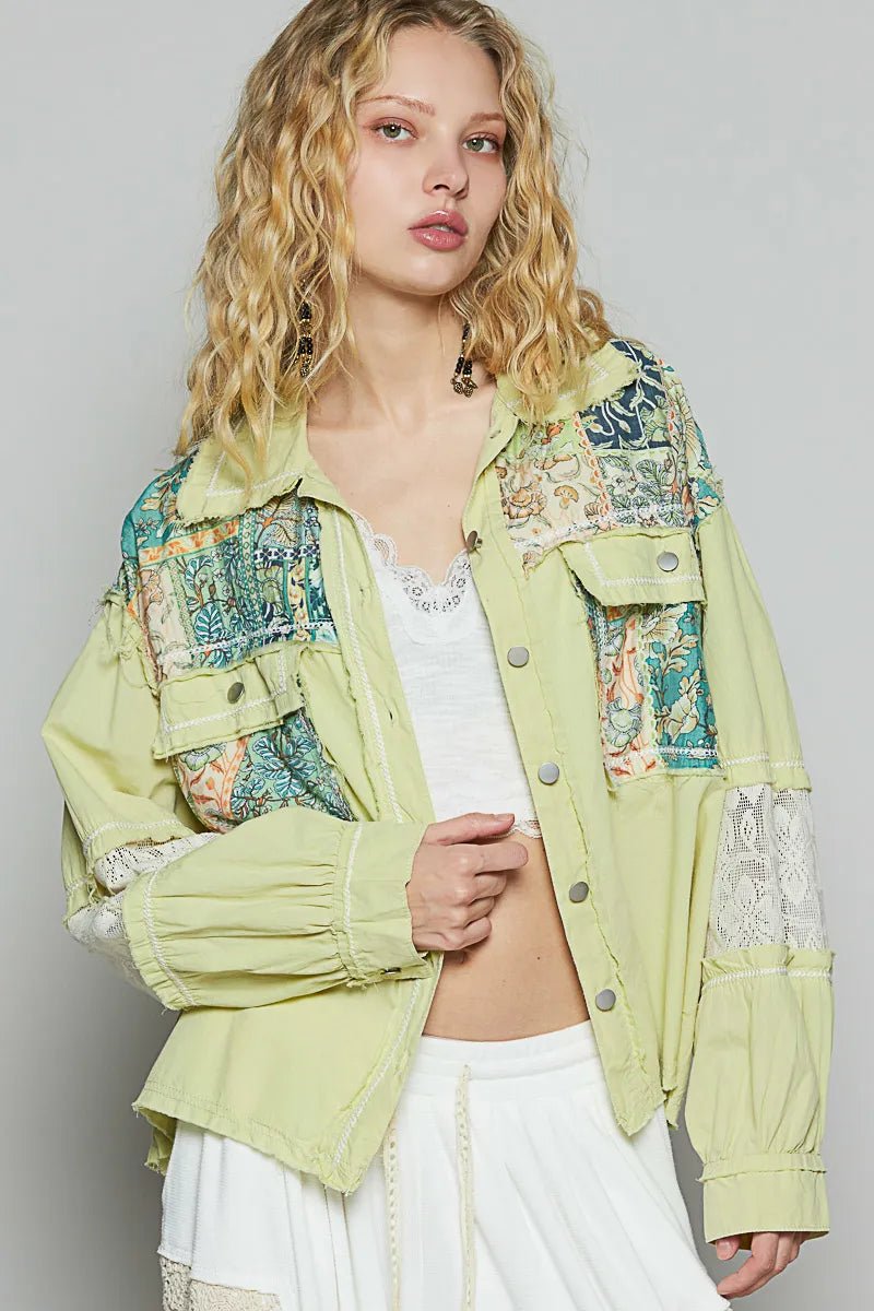 POL Printed Woven Mix Raw Hem Jacket with Lace Detail - Love Salve