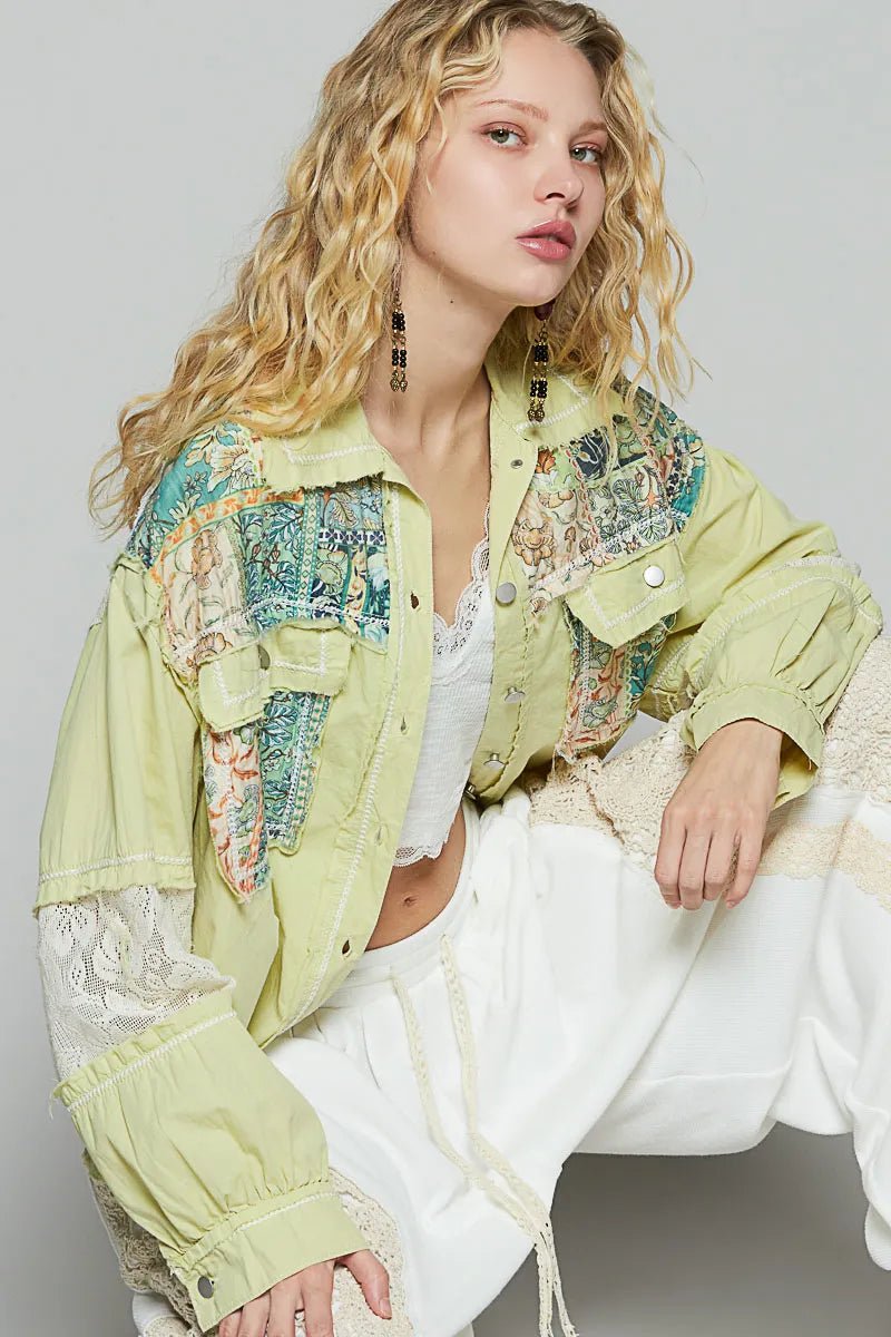 POL Printed Woven Mix Raw Hem Jacket with Lace Detail - Love Salve