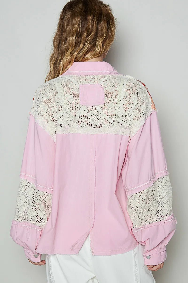 POL Printed Woven Mix Raw Hem Jacket with Lace Detail - Love Salve