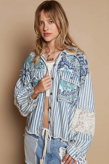 POL Printed Woven Mix Raw Hem Jacket with Lace Detail - Love Salve