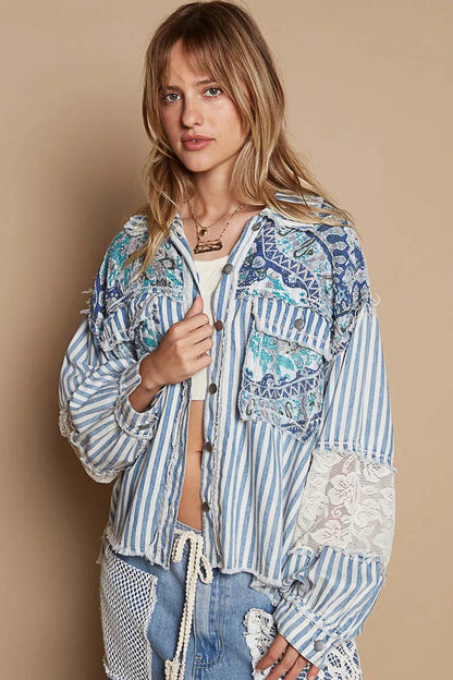 POL Printed Woven Mix Raw Hem Jacket with Lace Detail - Love Salve