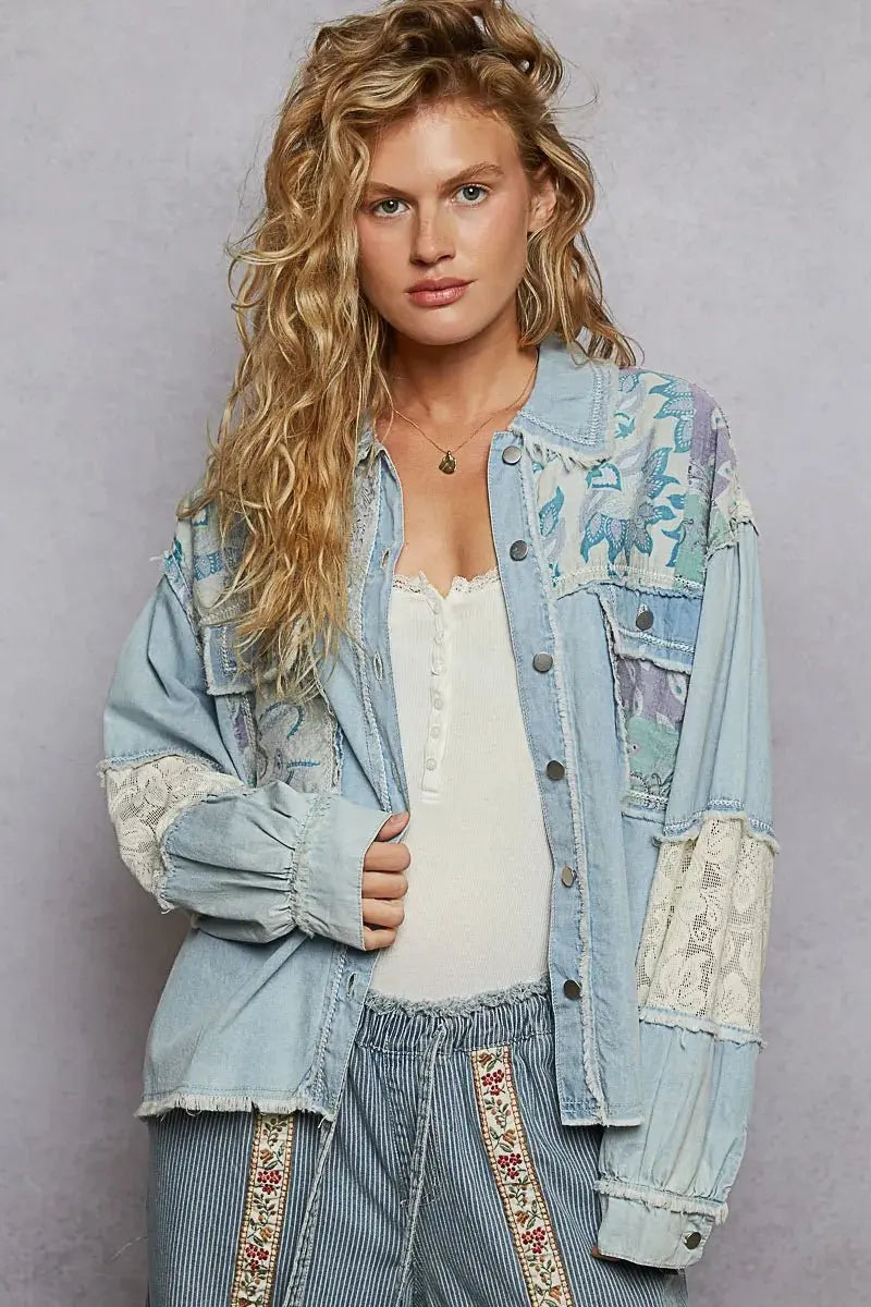 POL Printed Woven Mix Raw Hem Jacket with Lace Detail - Love Salve