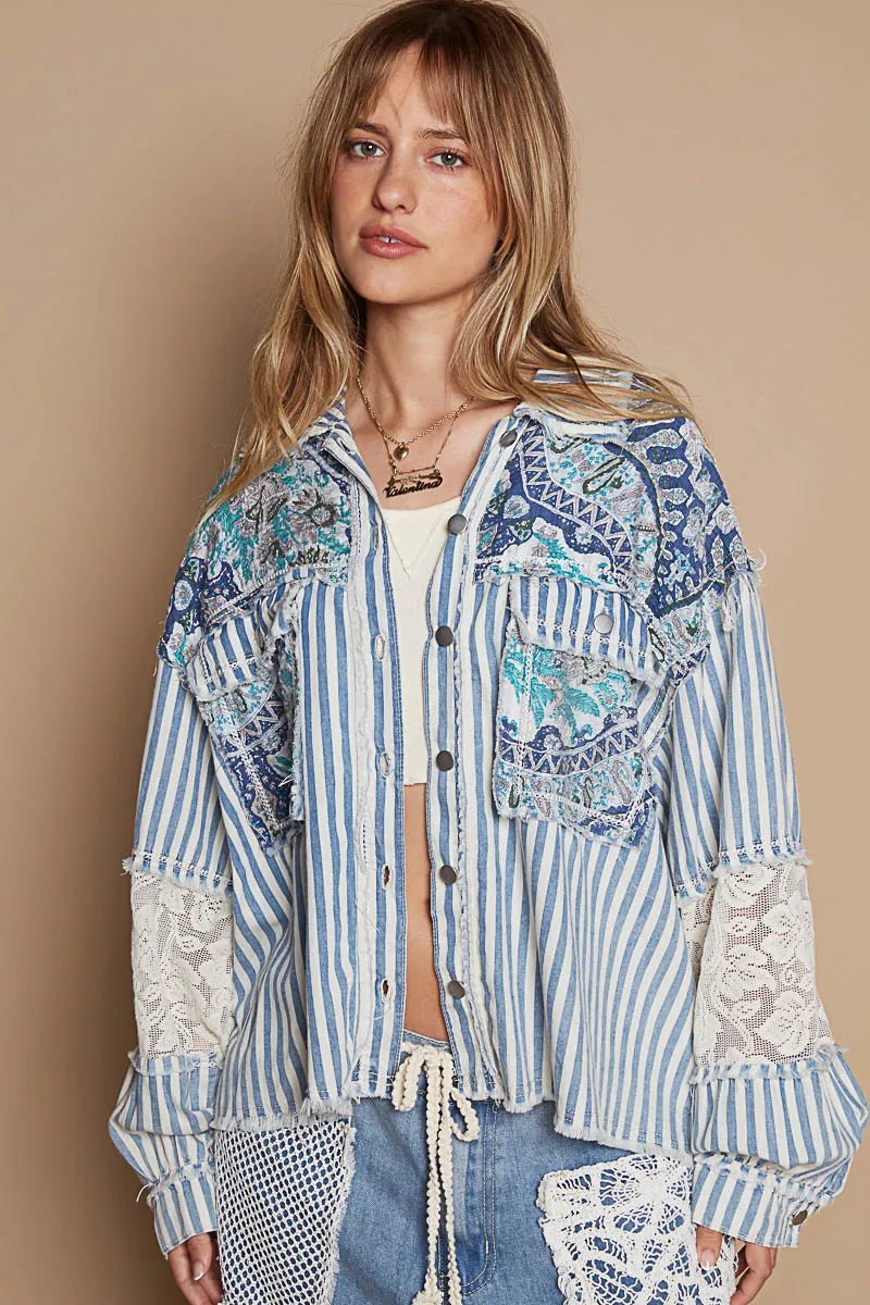 POL Printed Woven Mix Raw Hem Jacket with Lace Detail - Love Salve