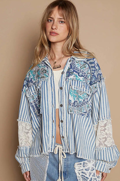 POL Printed Woven Mix Raw Hem Jacket with Lace Detail - Love Salve