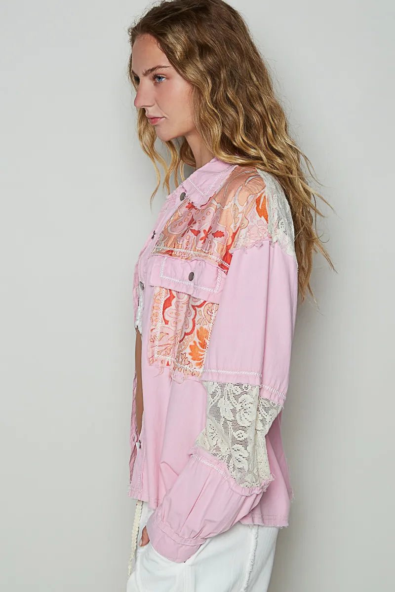 POL Printed Woven Mix Raw Hem Jacket with Lace Detail - Love Salve