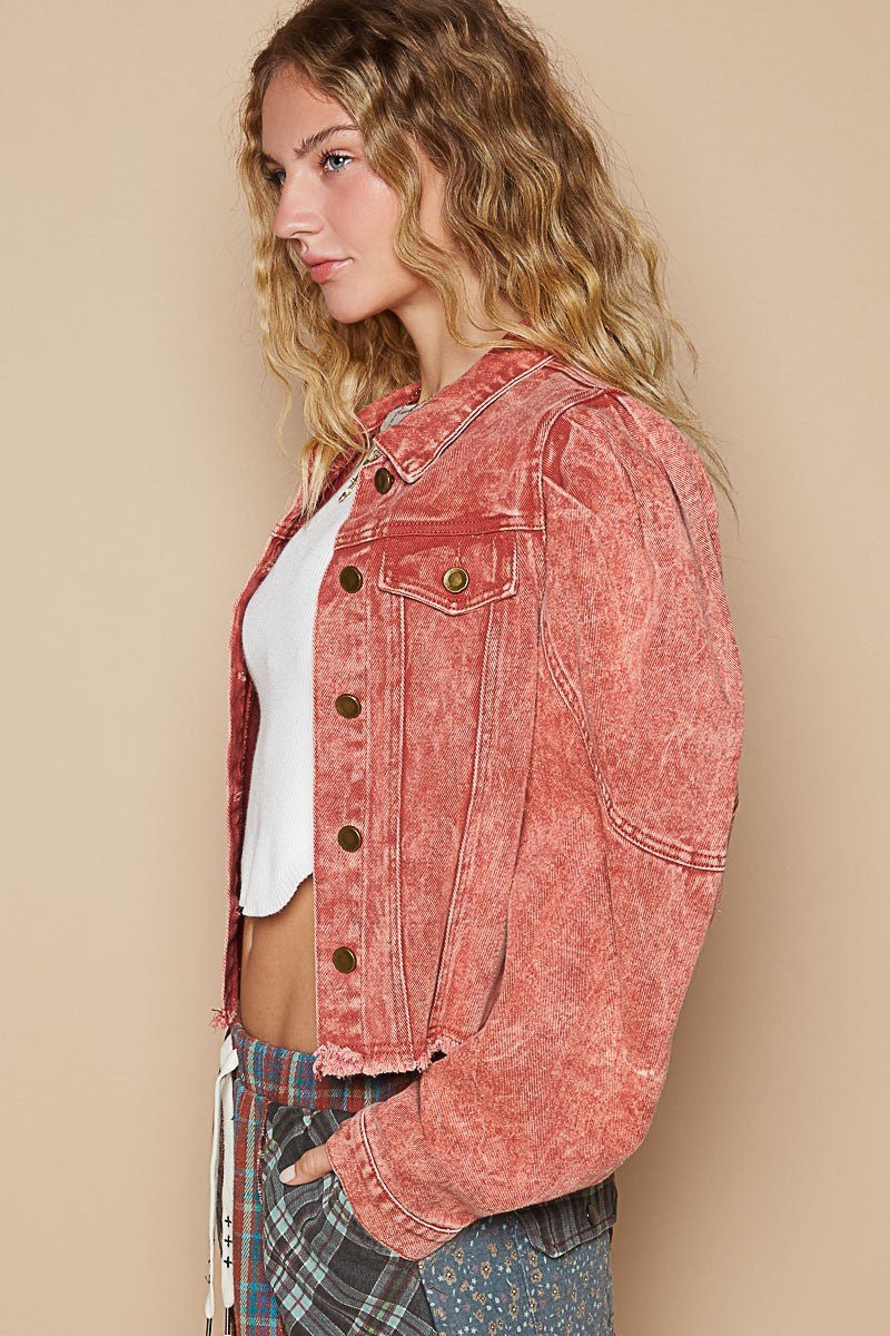 POL Raw Hem Button Up Cropped Denim Jacket for Women - Love Salve 