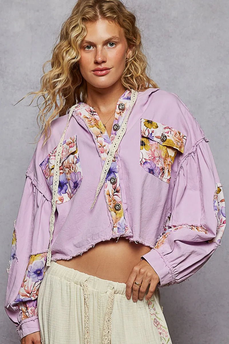 POL Raw Hem Floral Print Cropped Hooded Jacket - Love Salve