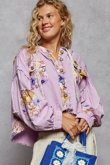 POL Raw Hem Floral Print Cropped Hooded Jacket - Love Salve