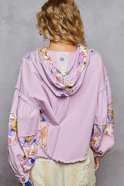 POL Raw Hem Floral Print Cropped Hooded Jacket - Love Salve